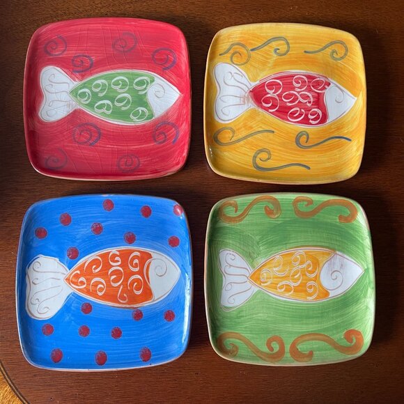 NWT Set of 4 Hand Painted Ceramic Square Appetizer Plates Fish Il Mare Italy - Picture 1 of 6